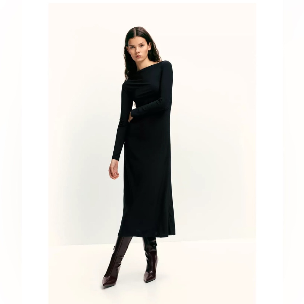 NWT MNG by Mango Boat Neck Drop Waist Black Formal Dress Side-Slit Maxi XS